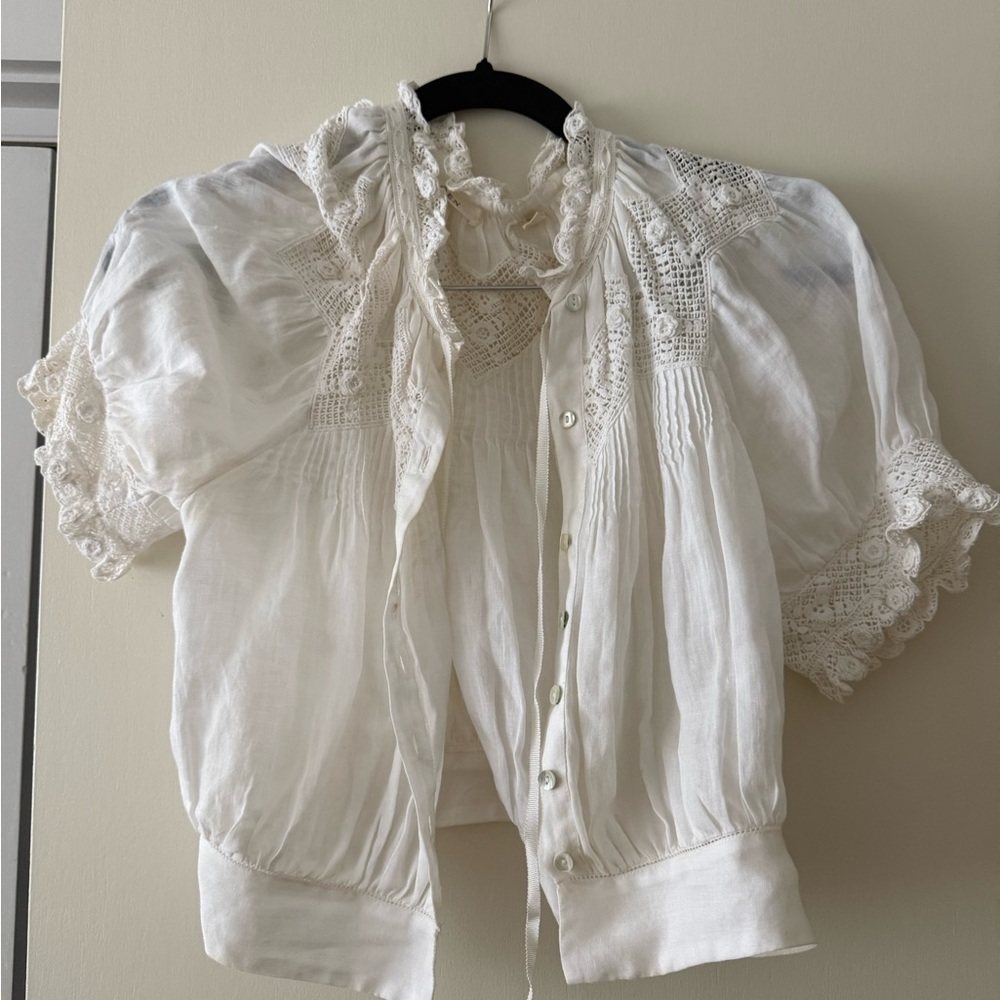 Doen White Puff Sleeve Lace-Trim Blouse size XS